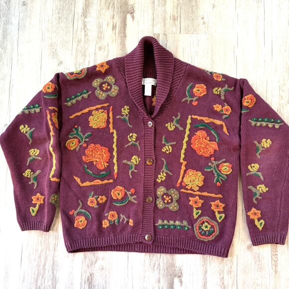 Cambridge Dry Goods Women’s Floral Embroidered Cardigan Sweater Burgundy Size L - Picture 1 of 11